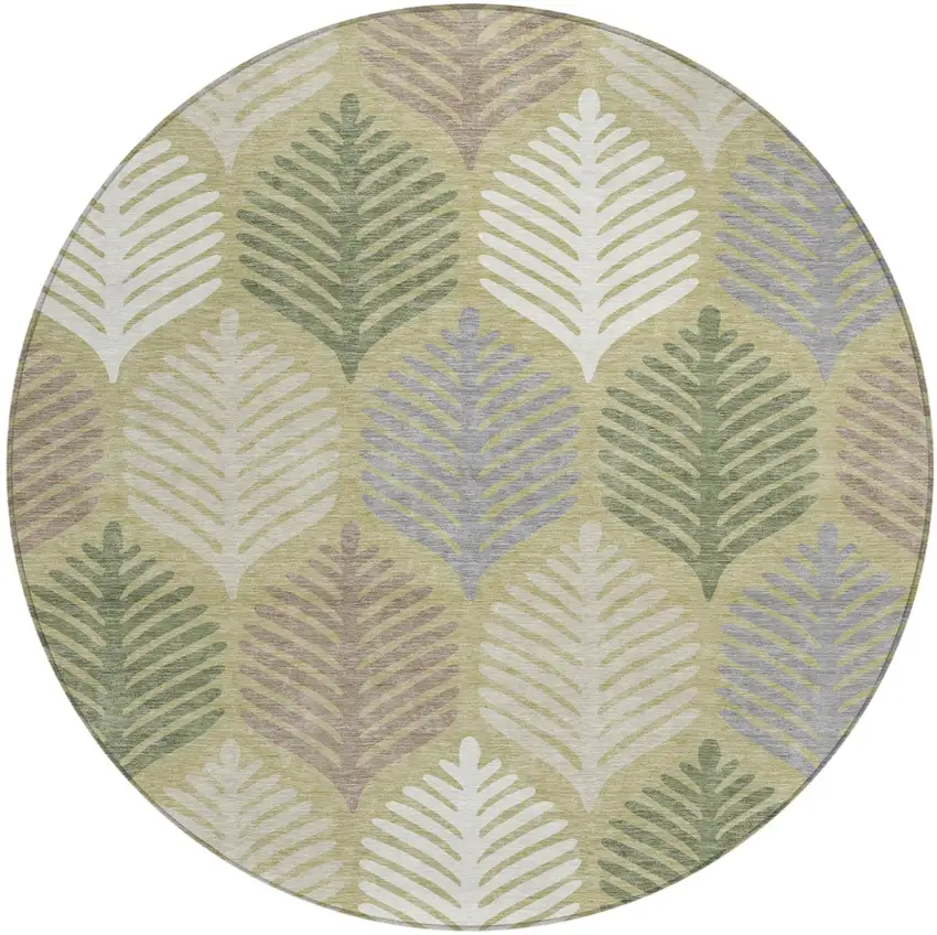 8' Green And Ivory Round Floral Washable Indoor Outdoor Area Rug Photo 2