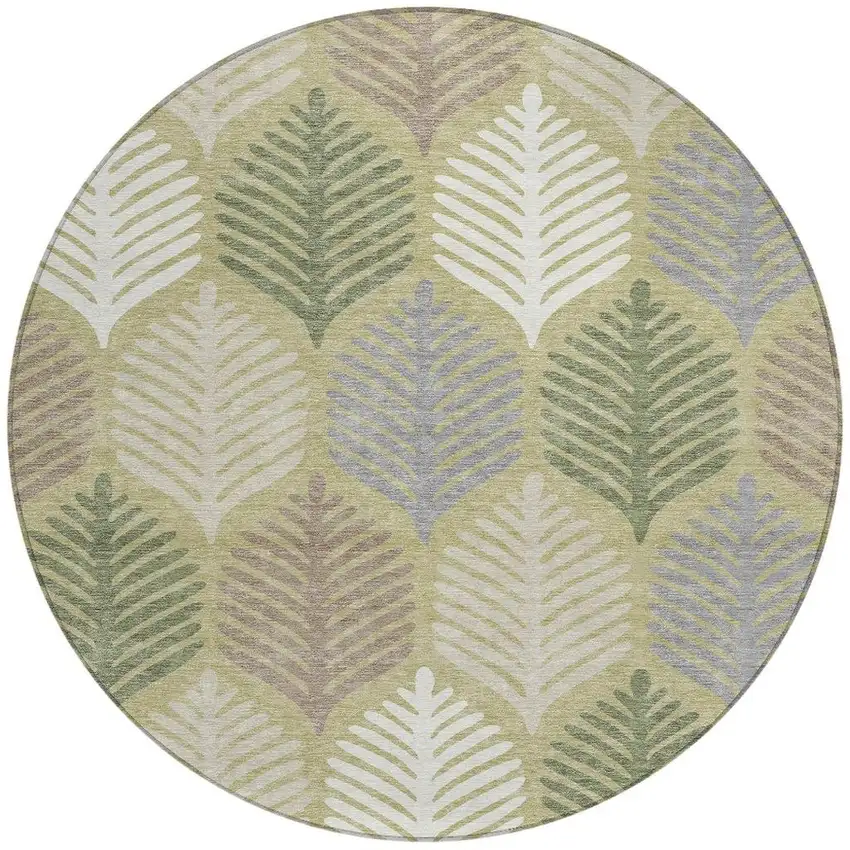 8' Green And Ivory Round Floral Washable Indoor Outdoor Area Rug Photo 4