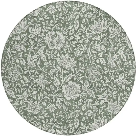 8' Green And Ivory Round Floral Washable Indoor Outdoor Area Rug Photo 3