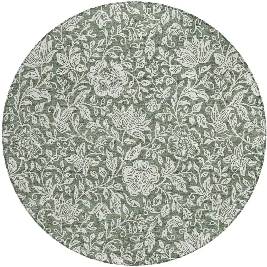 8' Green And Ivory Round Floral Washable Indoor Outdoor Area Rug Photo 3