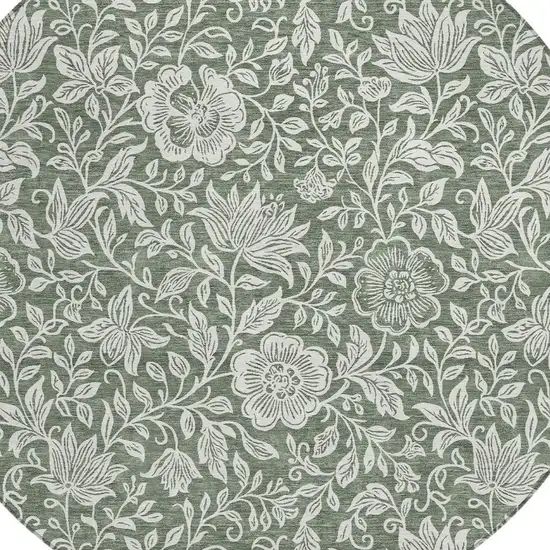 8' Green And Ivory Round Floral Washable Indoor Outdoor Area Rug Photo 2