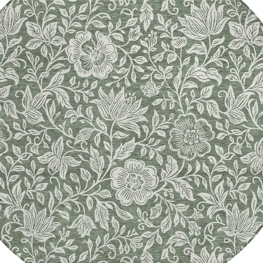 8' Green And Ivory Round Floral Washable Indoor Outdoor Area Rug Photo 2