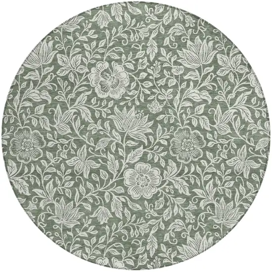 8' Green And Ivory Round Floral Washable Indoor Outdoor Area Rug Photo 1