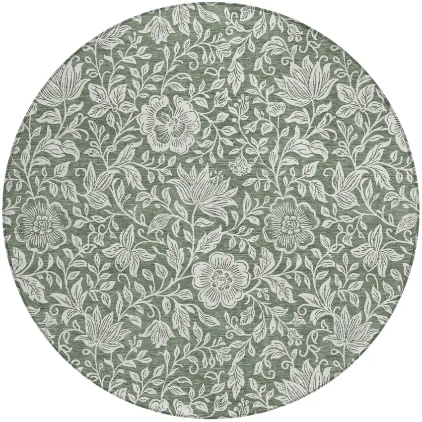 8' Green And Ivory Round Floral Washable Indoor Outdoor Area Rug Photo 1