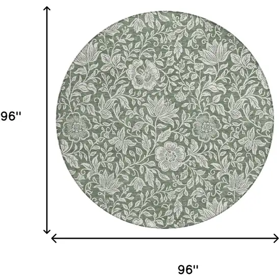 8' Green And Ivory Round Floral Washable Indoor Outdoor Area Rug Photo 6