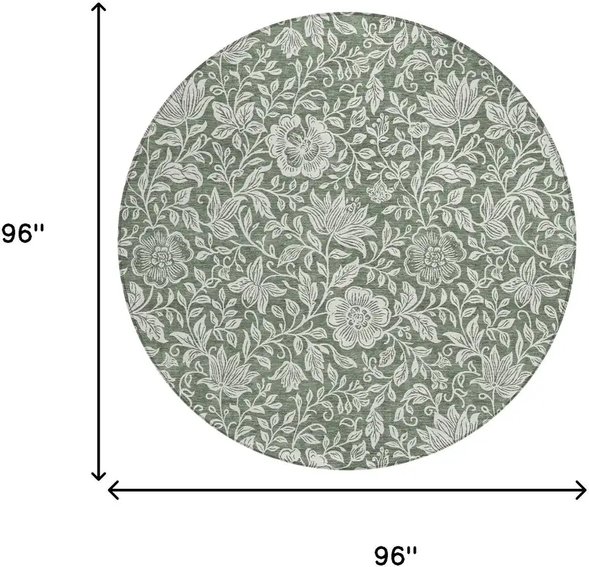8' Green And Ivory Round Floral Washable Indoor Outdoor Area Rug Photo 6