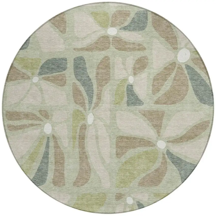 8' Green And Ivory Round Floral Washable Indoor Outdoor Area Rug Photo 3
