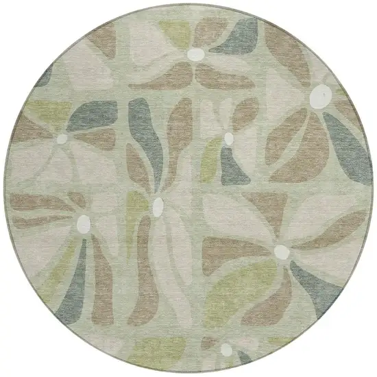 8' Green And Ivory Round Floral Washable Indoor Outdoor Area Rug Photo 3