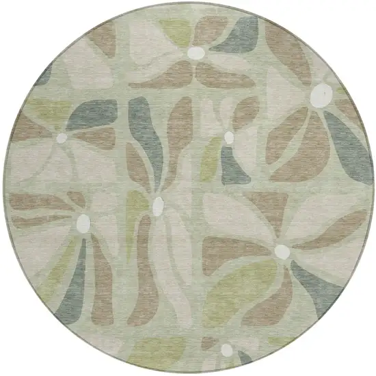 8' Green And Ivory Round Floral Washable Indoor Outdoor Area Rug Photo 1