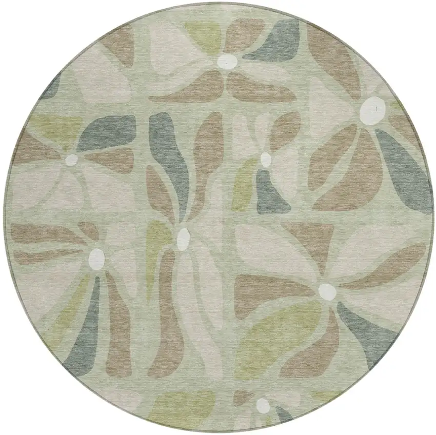 8' Green And Ivory Round Floral Washable Indoor Outdoor Area Rug Photo 1