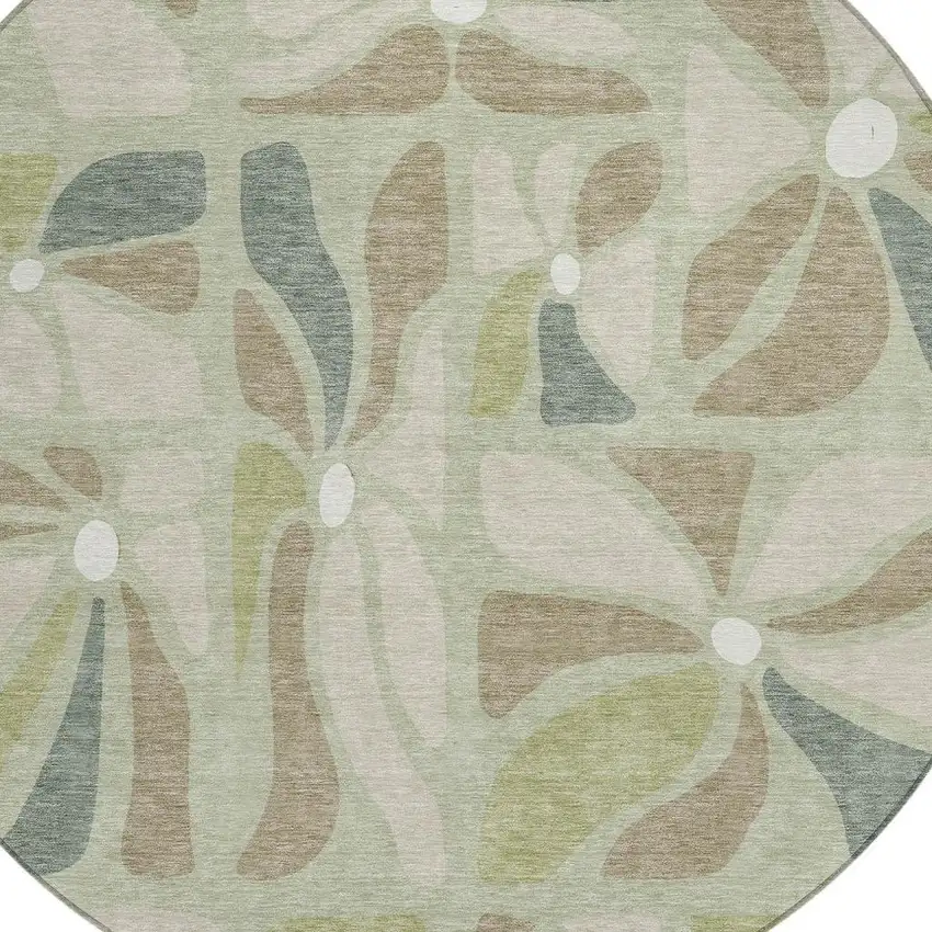 8' Green And Ivory Round Floral Washable Indoor Outdoor Area Rug Photo 2