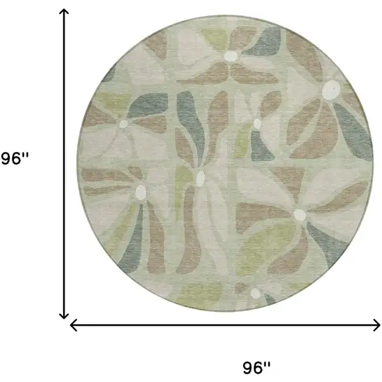 8' Green And Ivory Round Floral Washable Indoor Outdoor Area Rug Photo 6