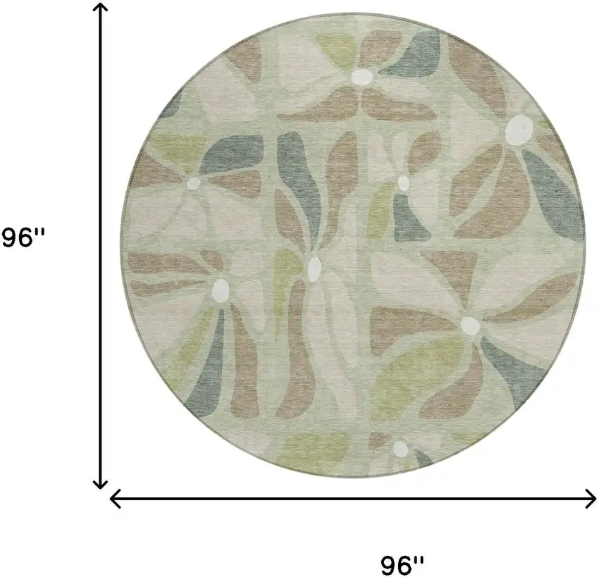 8' Green And Ivory Round Floral Washable Indoor Outdoor Area Rug Photo 6
