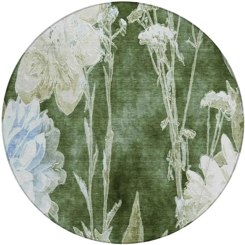 8' Green And Ivory Round Floral Washable Indoor Outdoor Area Rug Photo 2