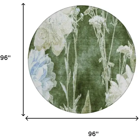 8' Green And Ivory Round Floral Washable Indoor Outdoor Area Rug Photo 5