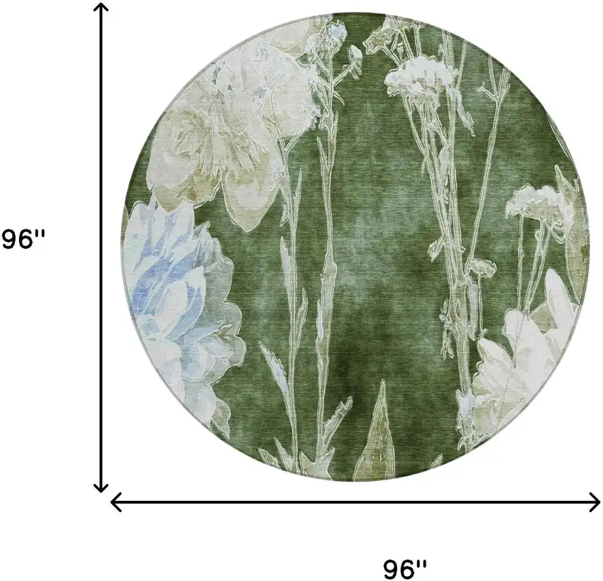 8' Green And Ivory Round Floral Washable Indoor Outdoor Area Rug Photo 5