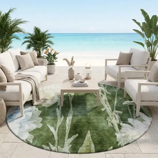 8' Green And Ivory Round Floral Washable Indoor Outdoor Area Rug Photo 1