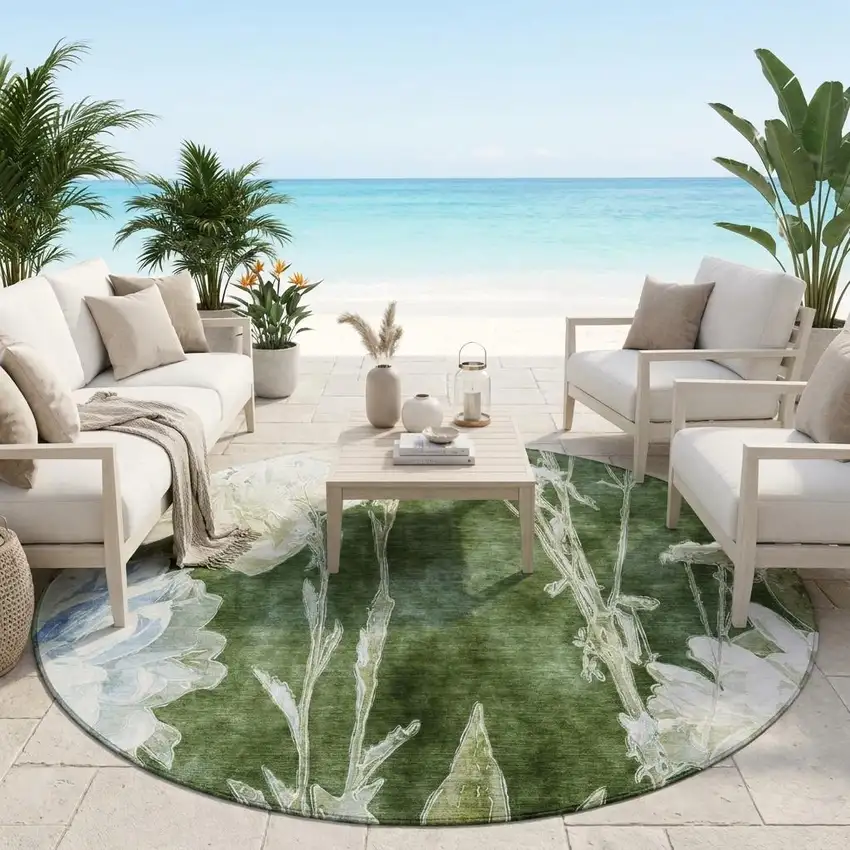 8' Green And Ivory Round Floral Washable Indoor Outdoor Area Rug Photo 1