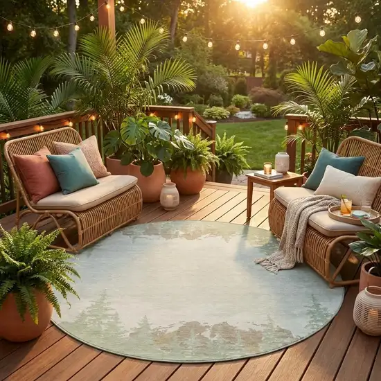 8' Green And Ivory Round Floral Washable Indoor Outdoor Area Rug Photo 1