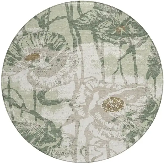 8' Green And Ivory Round Floral Washable Indoor Outdoor Area Rug Photo 1