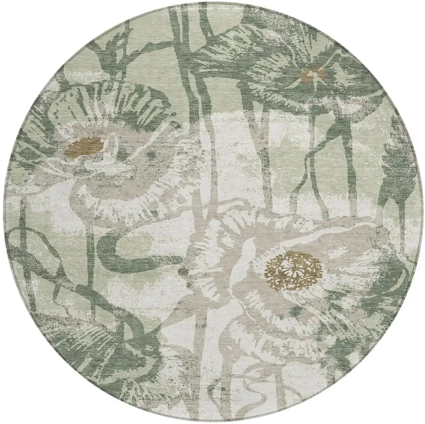 8' Green And Ivory Round Floral Washable Indoor Outdoor Area Rug Photo 1