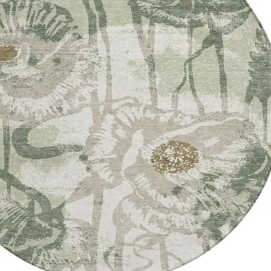 8' Green And Ivory Round Floral Washable Indoor Outdoor Area Rug Photo 2