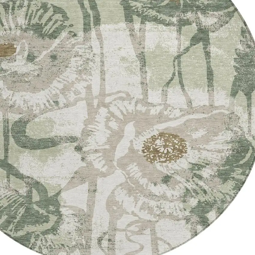 8' Green And Ivory Round Floral Washable Indoor Outdoor Area Rug Photo 2