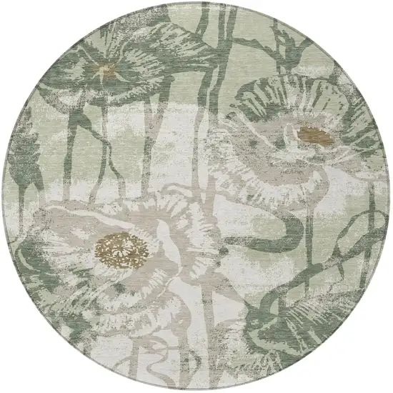 8' Green And Ivory Round Floral Washable Indoor Outdoor Area Rug Photo 3