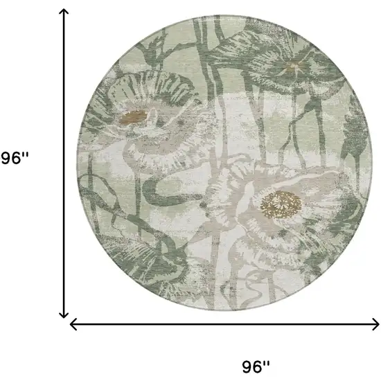 8' Green And Ivory Round Floral Washable Indoor Outdoor Area Rug Photo 6