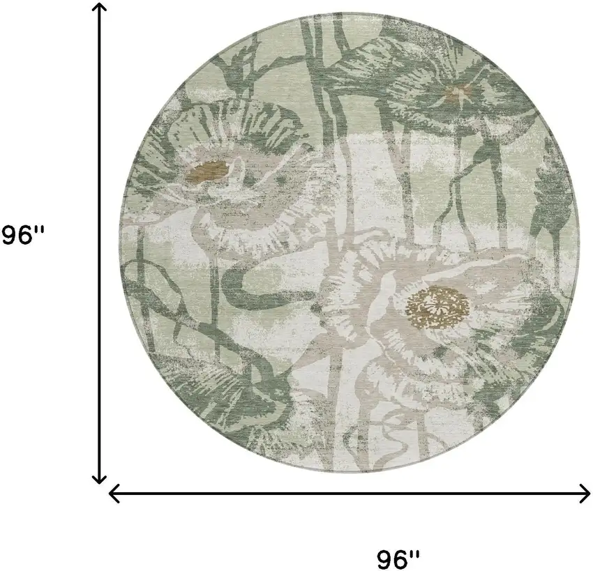 8' Green And Ivory Round Floral Washable Indoor Outdoor Area Rug Photo 6