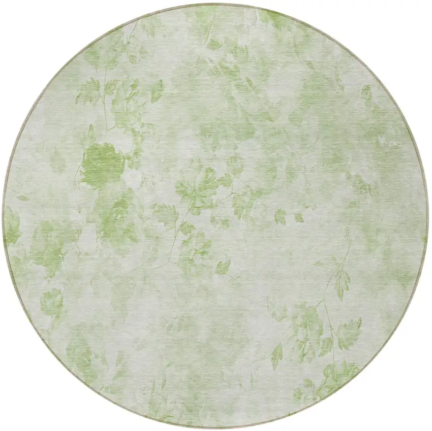 8' Green And Ivory Round Floral Washable Indoor Outdoor Area Rug Photo 2