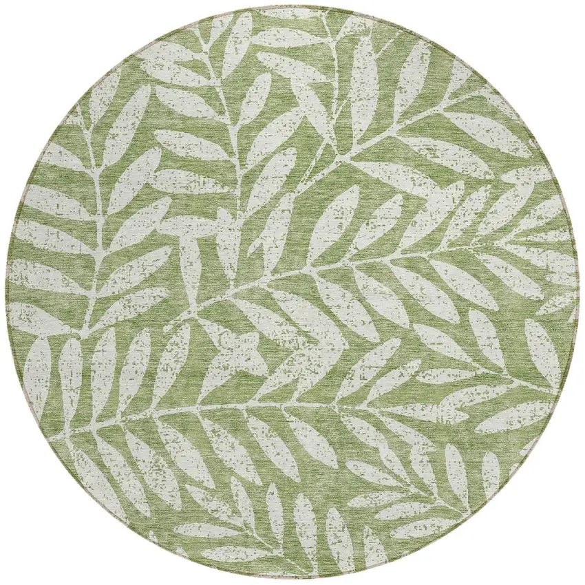8' Green And Ivory Round Floral Washable Indoor Outdoor Area Rug Photo 5