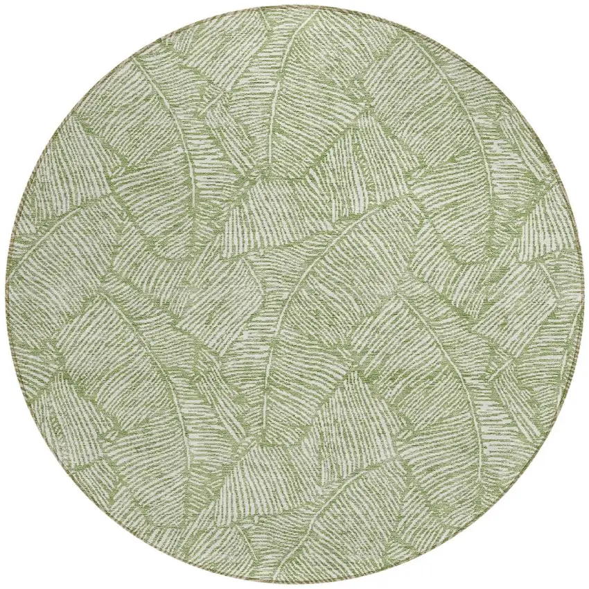 8' Green And Ivory Round Floral Washable Indoor Outdoor Area Rug Photo 5
