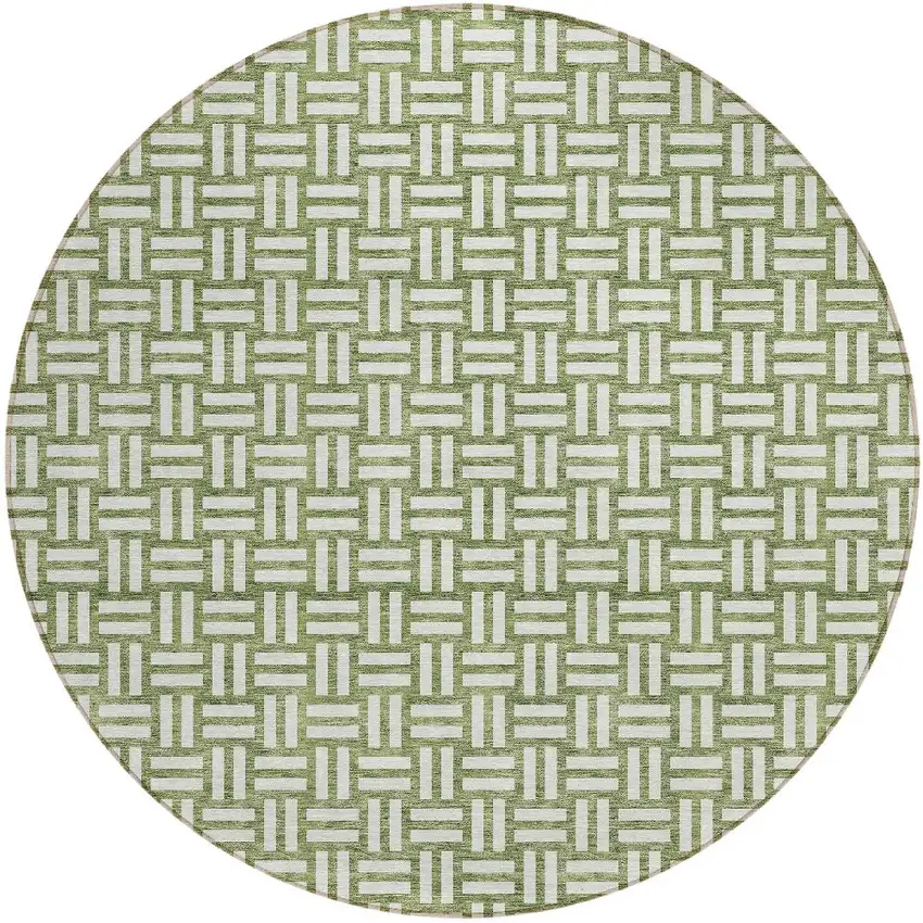 8' Green And Ivory Round Geometric Washable Indoor Outdoor Area Rug Photo 5