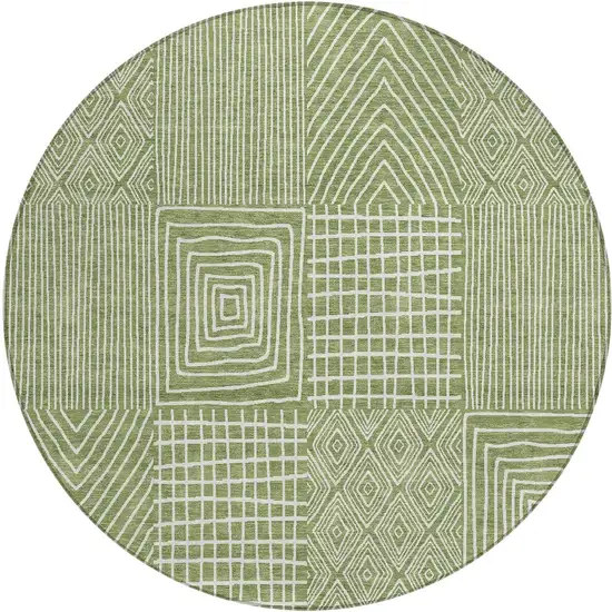 8' Green And Ivory Round Geometric Washable Indoor Outdoor Area Rug Photo 6