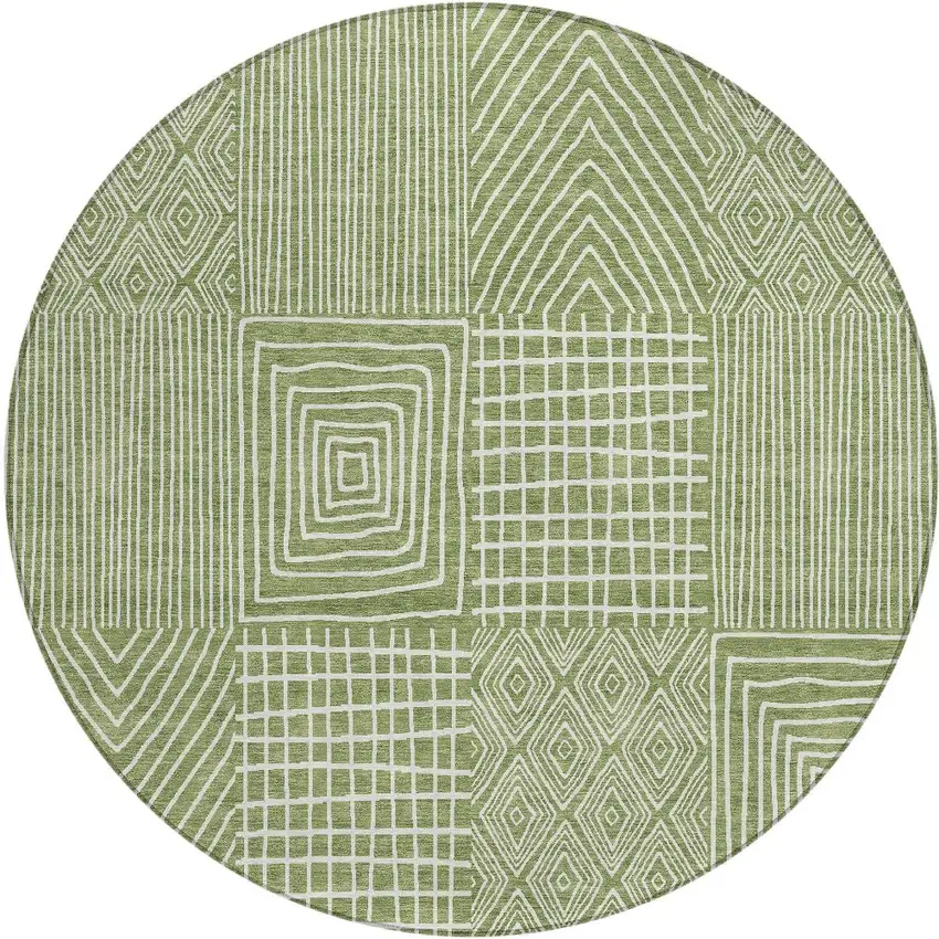8' Green And Ivory Round Geometric Washable Indoor Outdoor Area Rug Photo 6