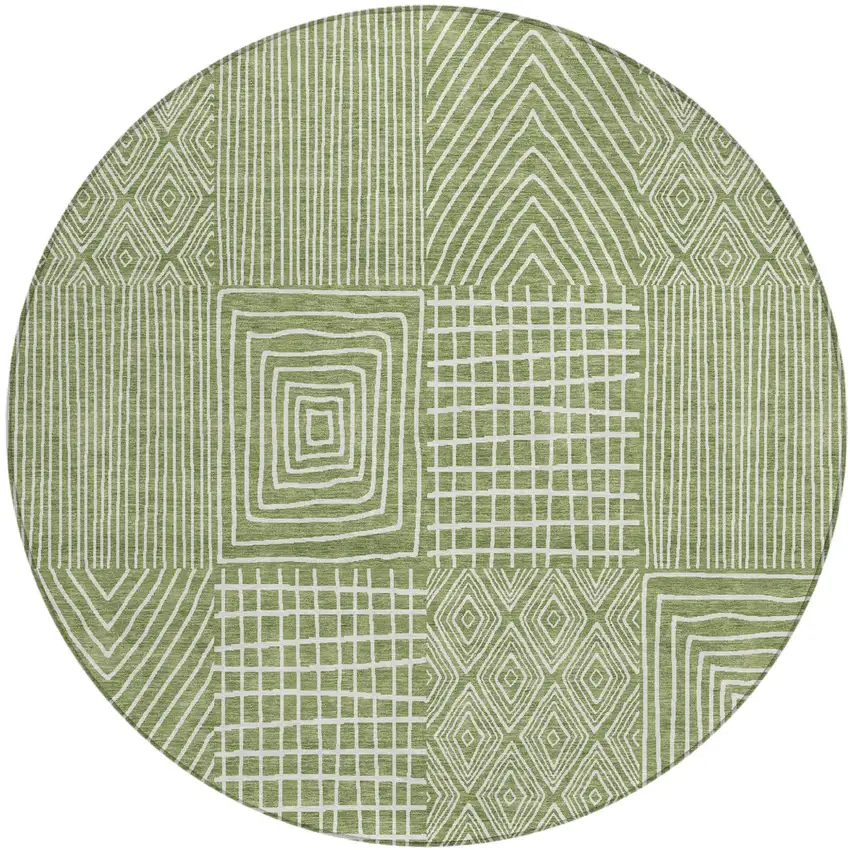 8' Green And Ivory Round Geometric Washable Indoor Outdoor Area Rug Photo 2