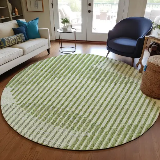 8' Green And Ivory Round Geometric Washable Indoor Outdoor Area Rug Photo 8