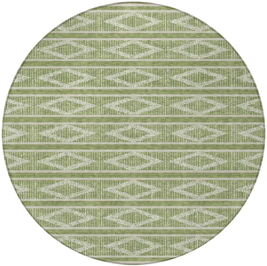 8' Green And Ivory Round Geometric Washable Indoor Outdoor Area Rug Photo 5