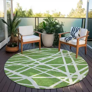 Photo of 8' Green And Ivory Round Geometric Washable Indoor Outdoor Area Rug