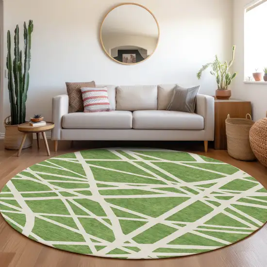 8' Green And Ivory Round Geometric Washable Indoor Outdoor Area Rug Photo 6
