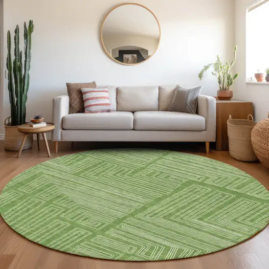 8' Green And Ivory Round Geometric Washable Indoor Outdoor Area Rug Photo 8