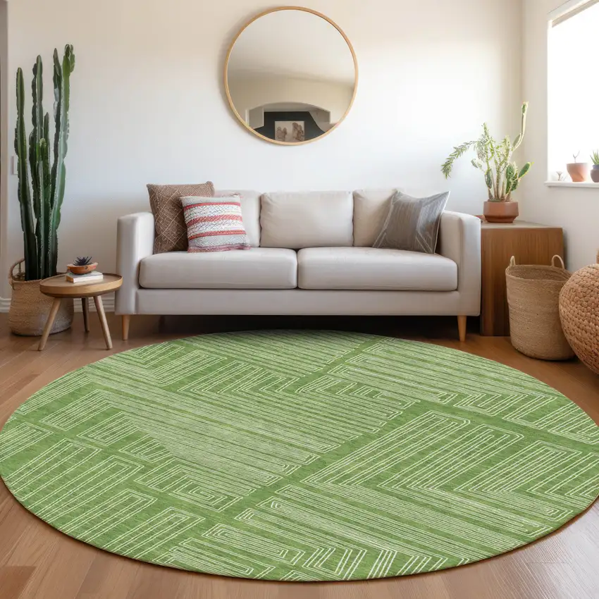 8' Green And Ivory Round Geometric Washable Indoor Outdoor Area Rug Photo 8
