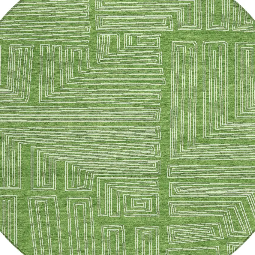 8' Green And Ivory Round Geometric Washable Indoor Outdoor Area Rug Photo 5