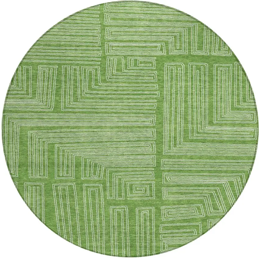 8' Green And Ivory Round Geometric Washable Indoor Outdoor Area Rug Photo 6