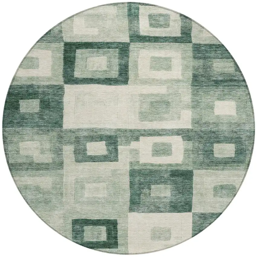 8' Green And Ivory Round Geometric Washable Indoor Outdoor Area Rug Photo 6