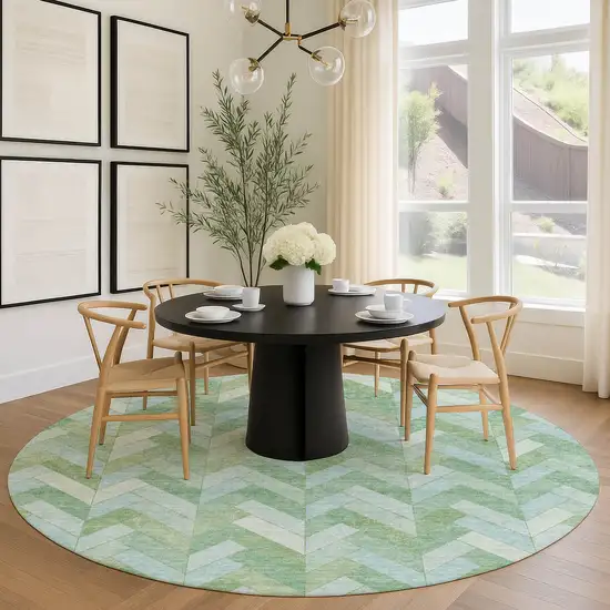 8' Green And Ivory Round Geometric Washable Indoor Outdoor Area Rug Photo 9