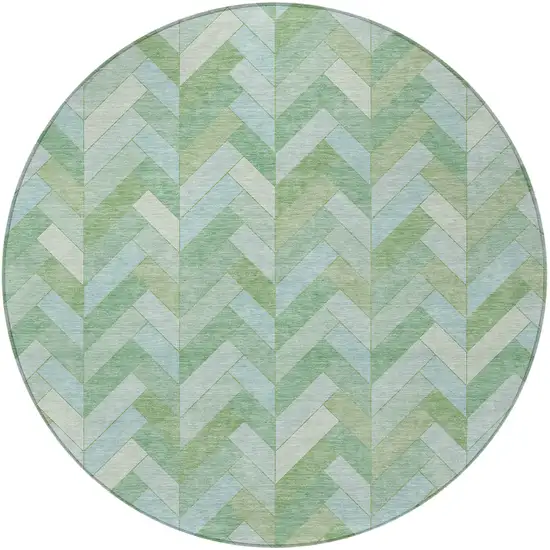 8' Green And Ivory Round Geometric Washable Indoor Outdoor Area Rug Photo 5