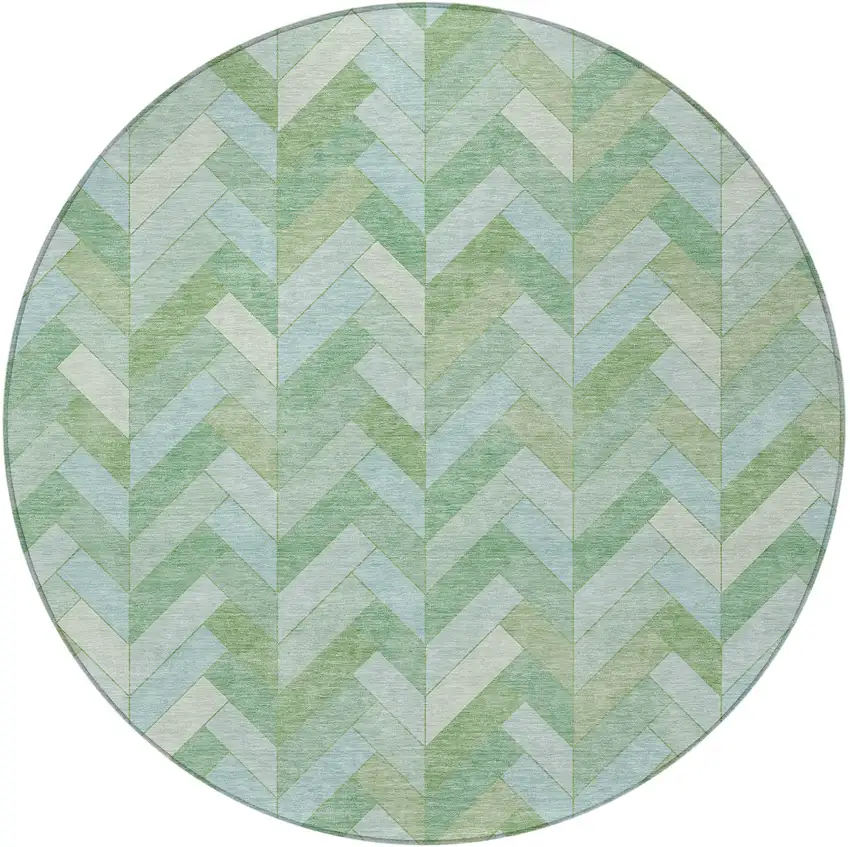8' Green And Ivory Round Geometric Washable Indoor Outdoor Area Rug Photo 5