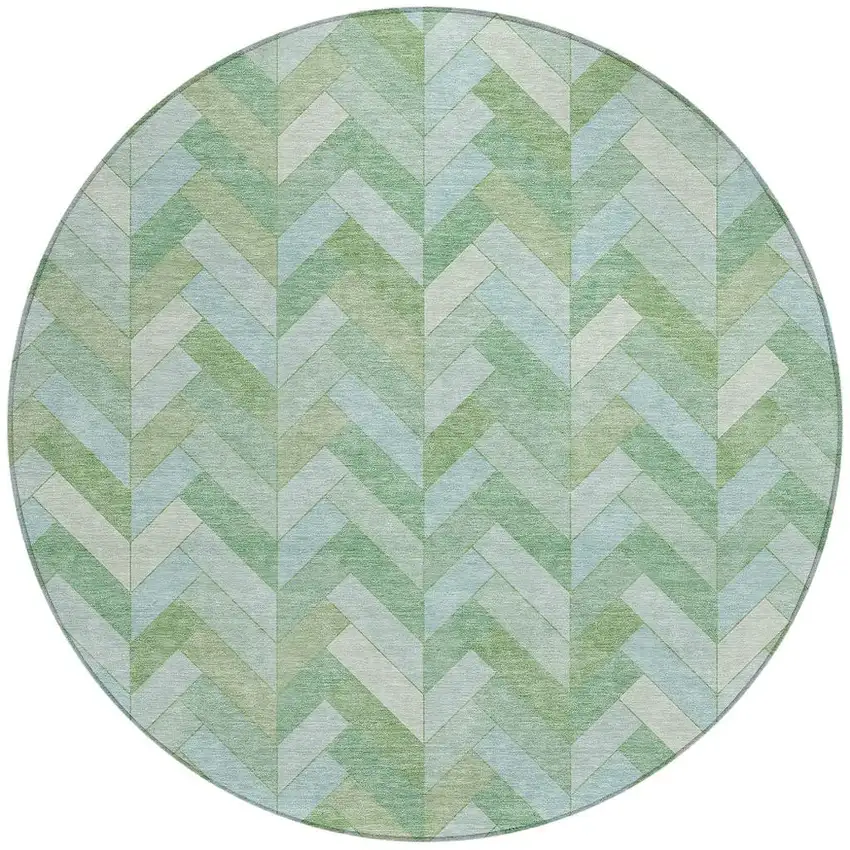 8' Green And Ivory Round Geometric Washable Indoor Outdoor Area Rug Photo 4